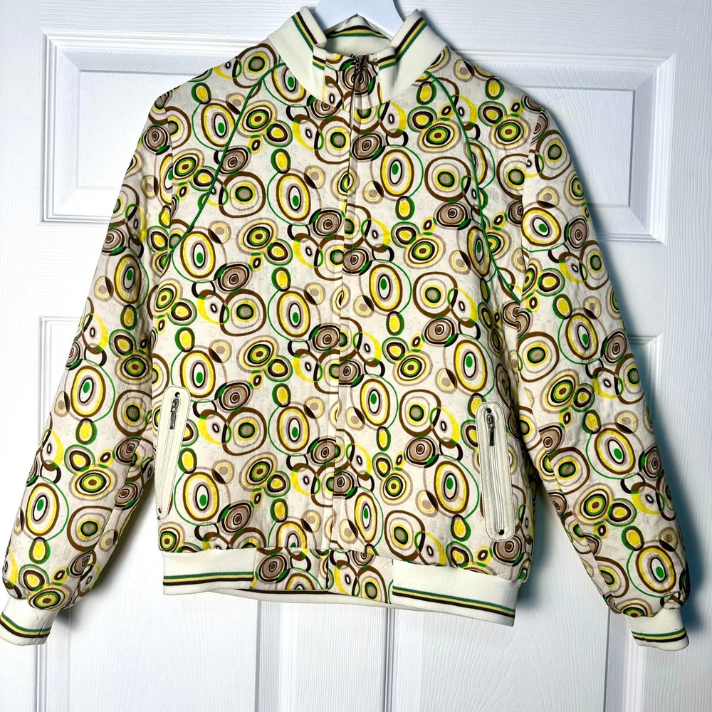 Vintage ZION Y2K Retro Mod Geometric Circle Bomber Jacket Green Yellow White L